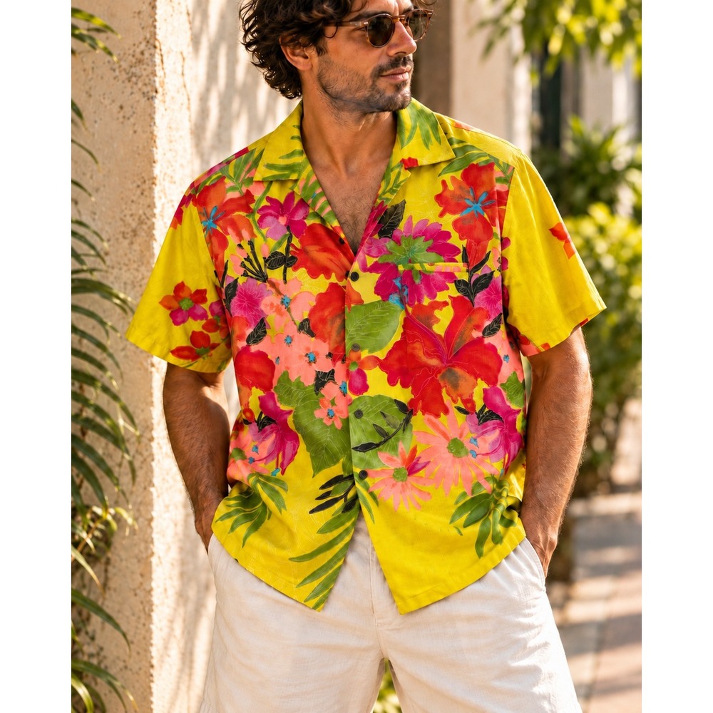 Vintage 60s Hawaiian Togs Barkcloth Aloha Shirt Floral Loop Collar Yellow L